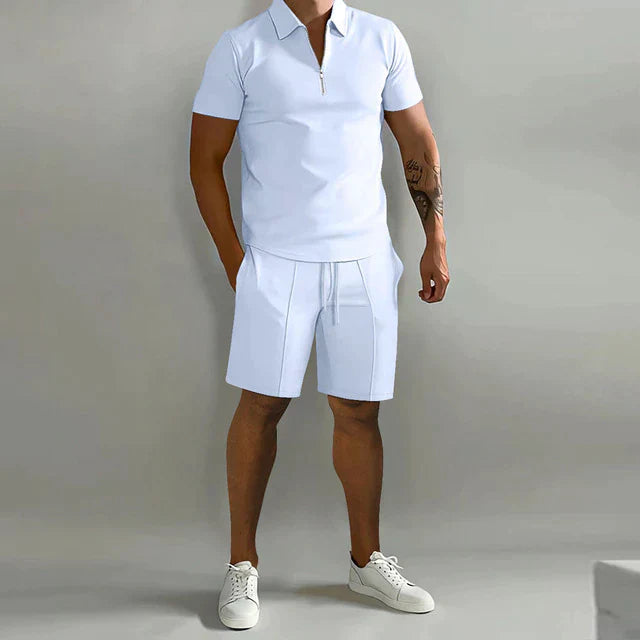 Men’s Polo Shirt and Shorts Set Casual Zip Neck Two Piece Outfit