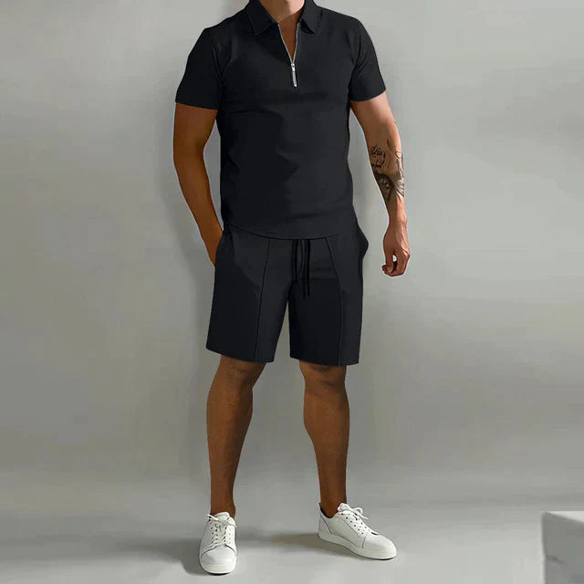 Men’s Polo Shirt and Shorts Set Casual Zip Neck Two Piece Outfit