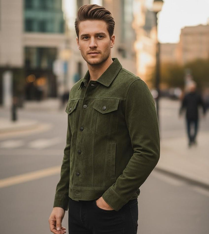 Men’s Olive Green Suede Leather Jacket | Premium Soft Vintage Outerwear