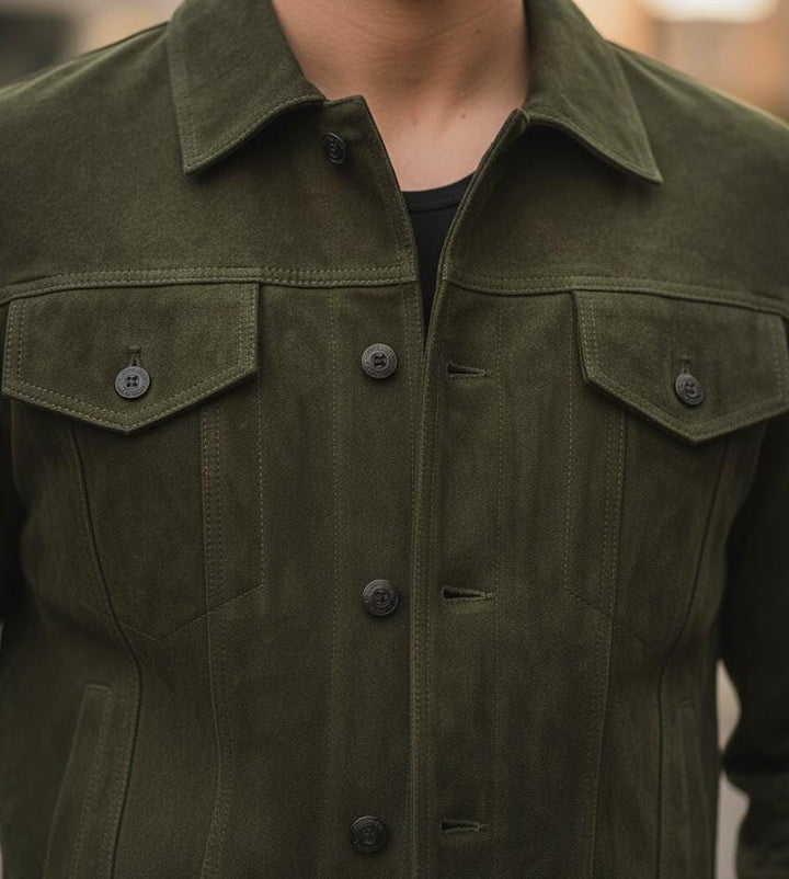 Men’s Olive Green Suede Leather Jacket | Premium Soft Vintage Outerwear