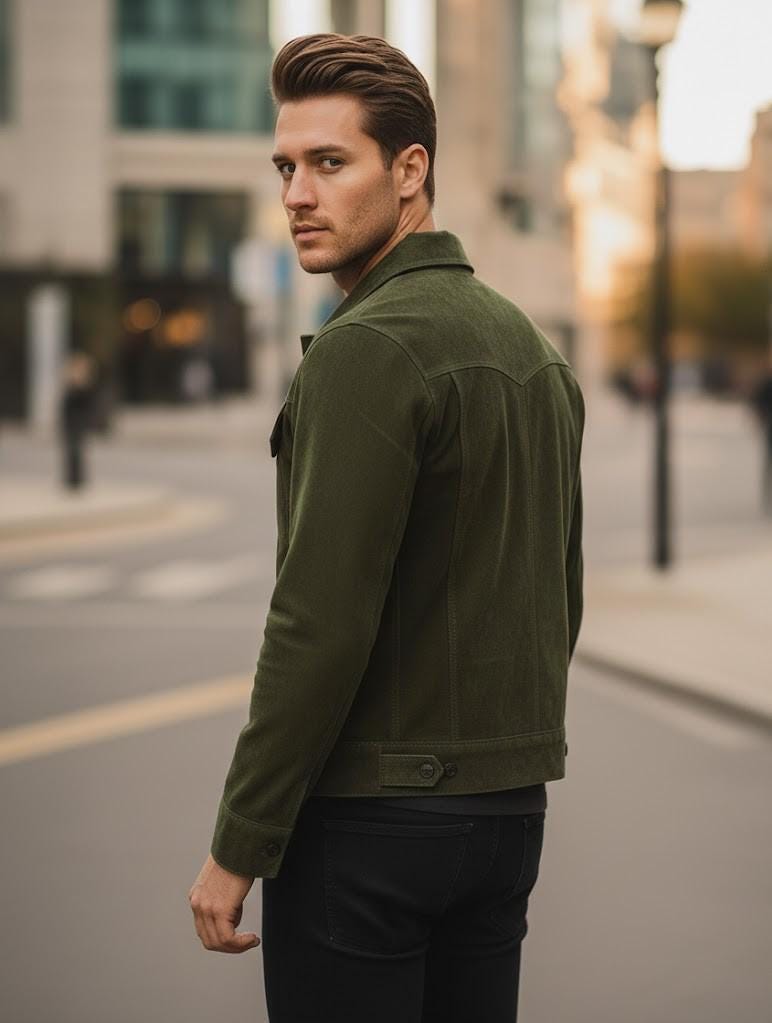 Men’s Olive Green Suede Leather Jacket | Premium Soft Vintage Outerwear