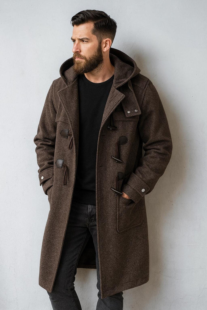 Men’s Hooded Trench Coat – Long Button-Up Design