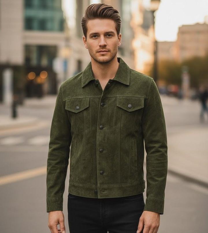 Men’s Olive Green Suede Leather Jacket | Premium Soft Vintage Outerwear