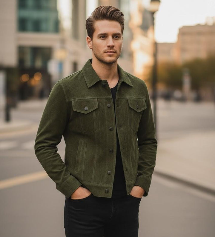 Men’s Olive Green Suede Leather Jacket | Premium Soft Vintage Outerwear