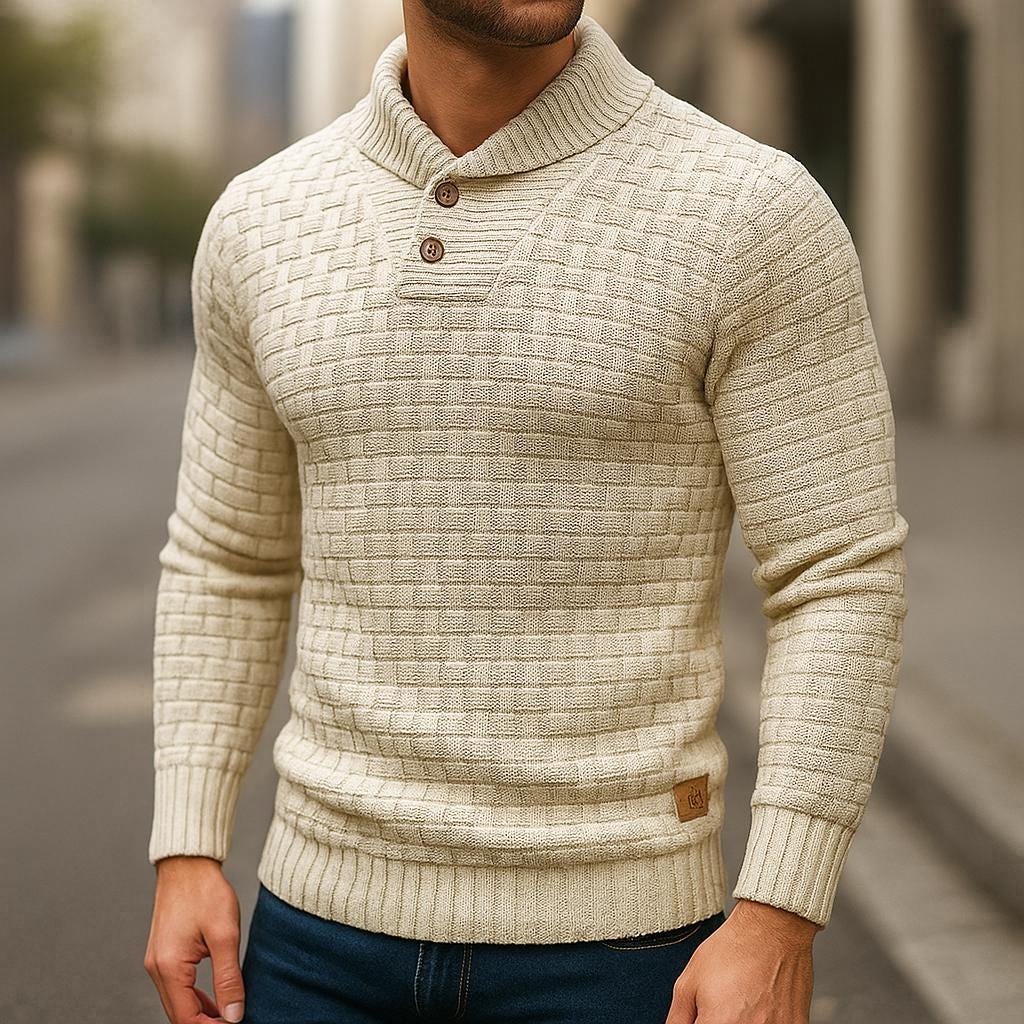 Men’s Button-Collar Sweater – Geometric Textured Design