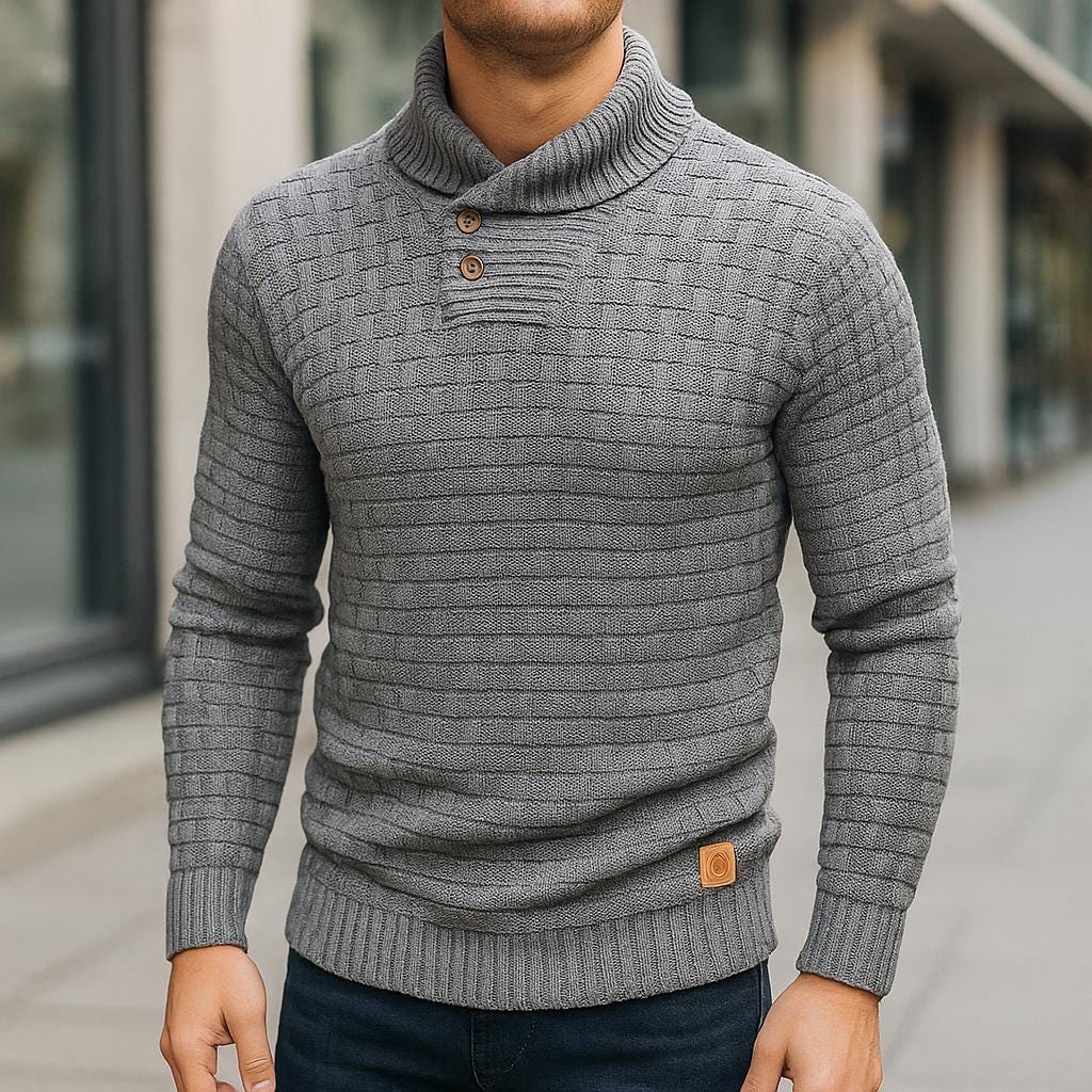 Men’s Button-Collar Sweater – Geometric Textured Design