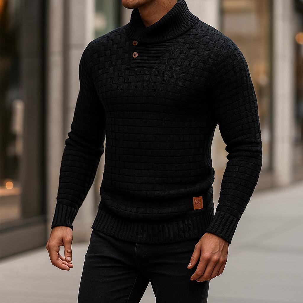 Men’s Button-Collar Sweater – Geometric Textured Design