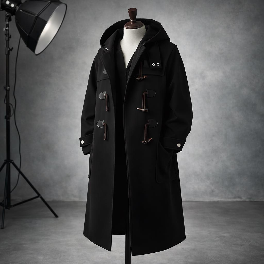 Men’s Hooded Trench Coat – Long Button-Up Design