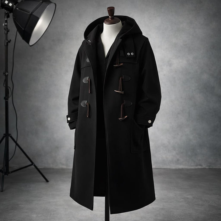 Men’s Hooded Trench Coat – Long Button-Up Design