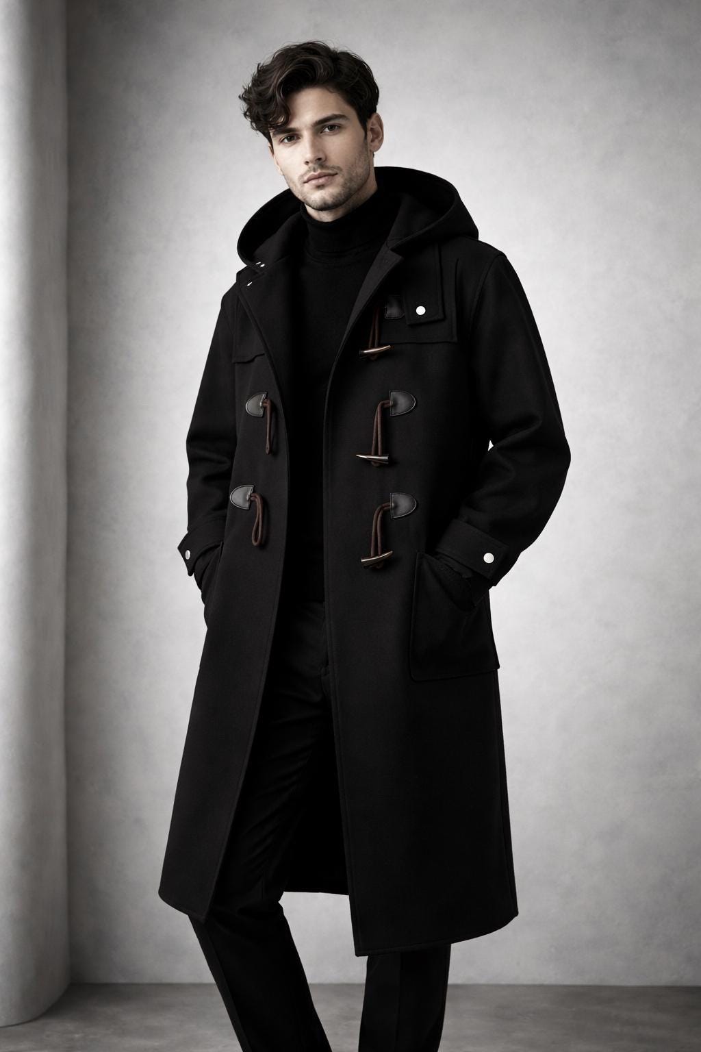 Men’s Hooded Trench Coat – Long Button-Up Design