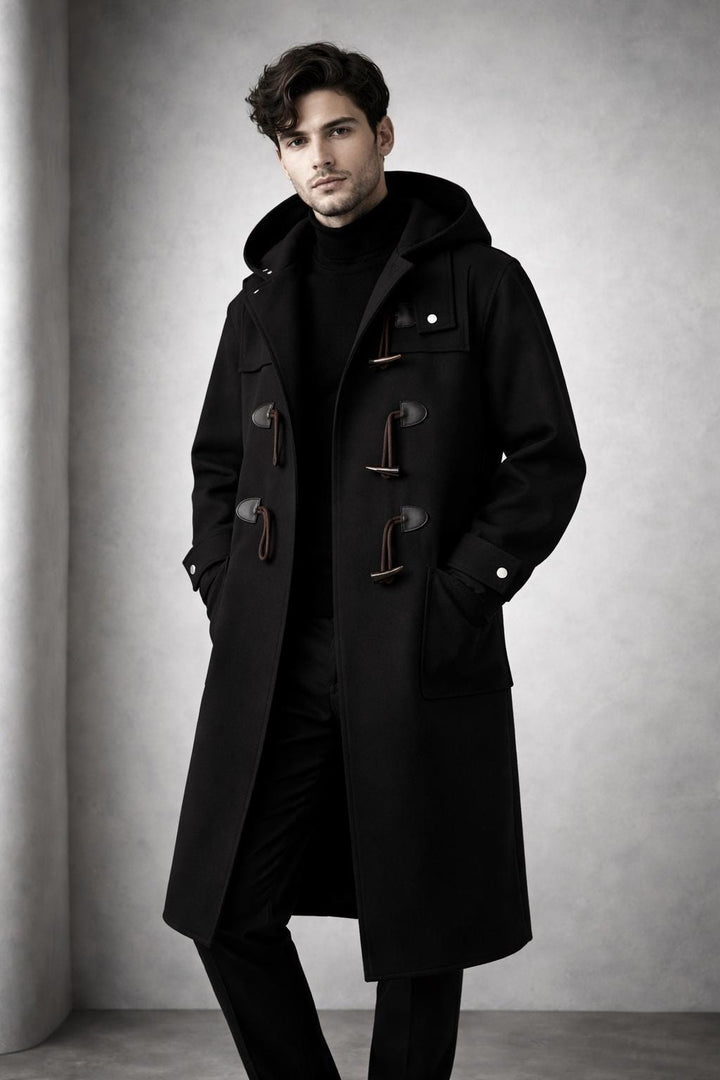 Men’s Hooded Trench Coat – Long Button-Up Design