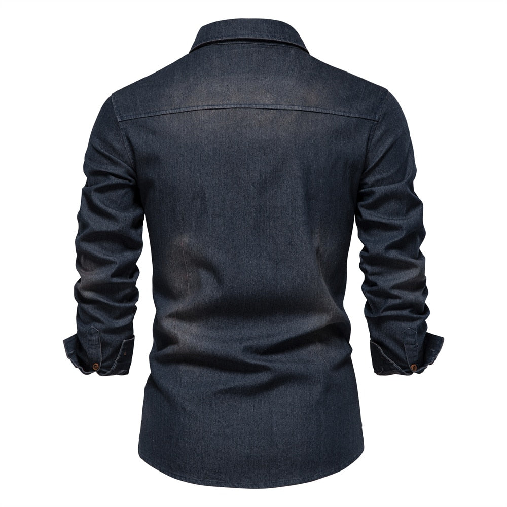 Men’s Stretch Cotton Denim Shirt – Casual Long-Sleeve Button-Up