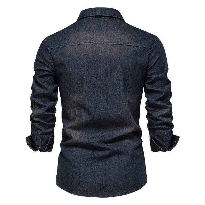 Men’s Stretch Cotton Denim Shirt – Casual Long-Sleeve Button-Up