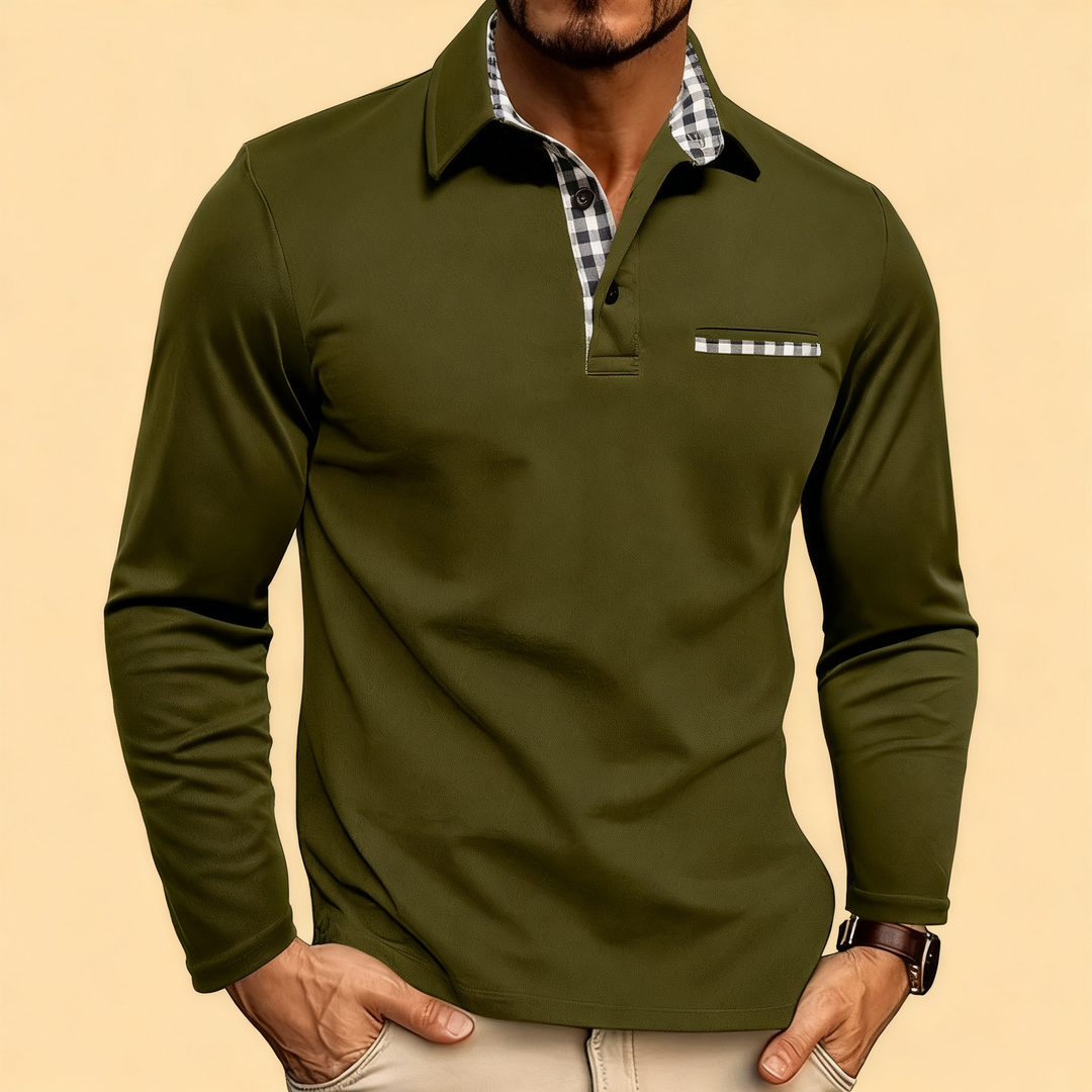 Men’s Long-Sleeve Polo Shirt – Smart Collar with Check Detail | Timeless Casual Elegance