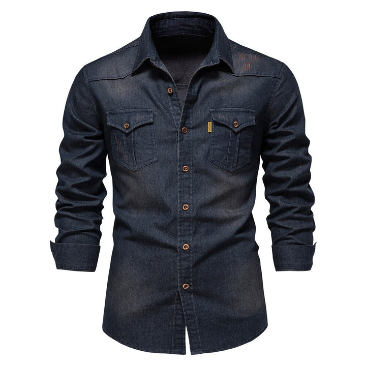 Men’s Stretch Cotton Denim Shirt – Casual Long-Sleeve Button-Up