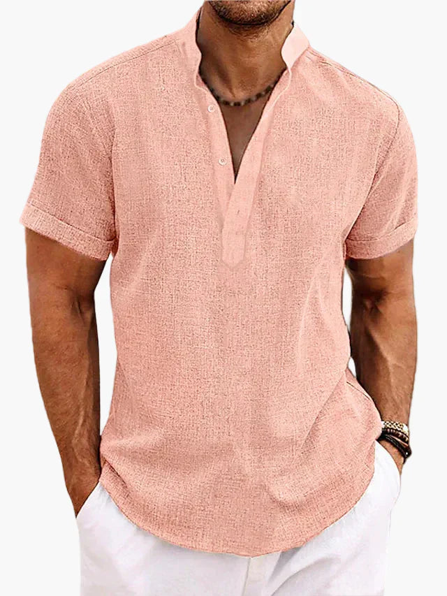 Men’s Notch Neck Shirt Casual Short Sleeve Summer Beach Top